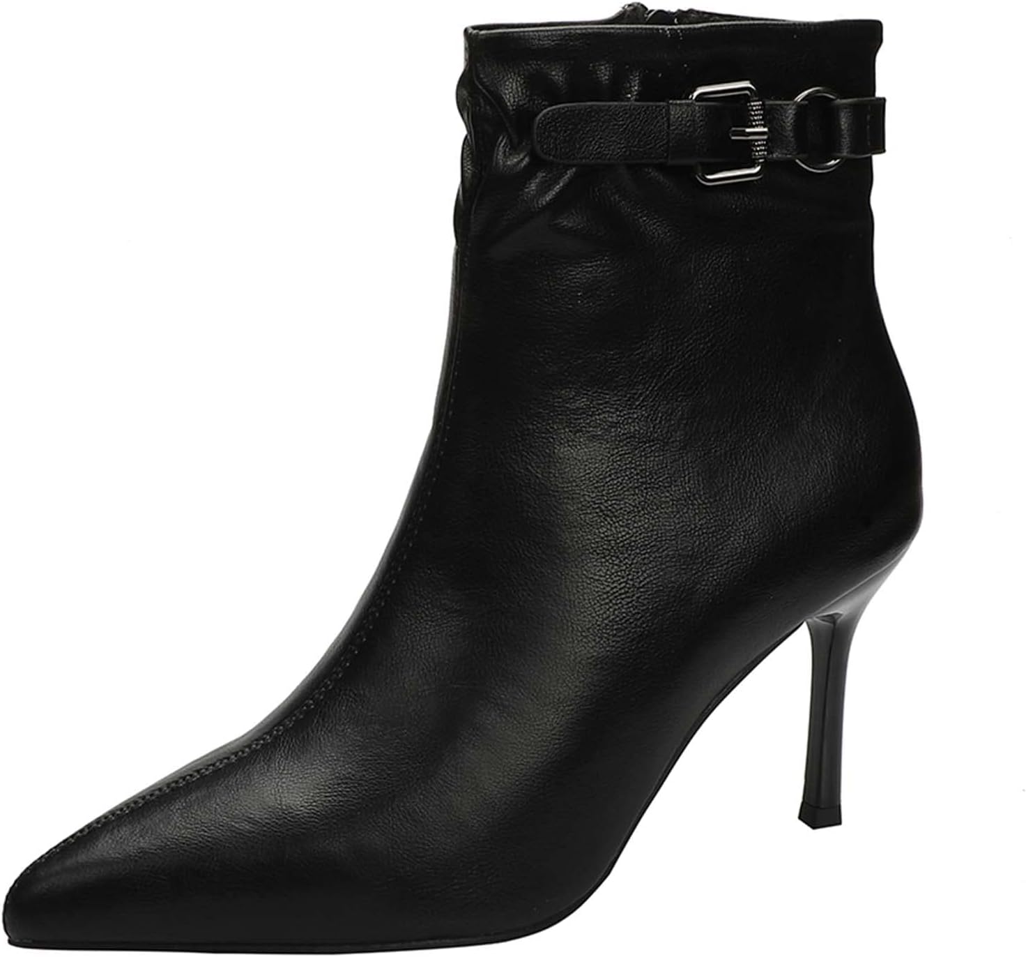 JOEupin Women's Pointed Toe Stiletto High Heels Ankle Booties Side zipper Short Boots With Metal Buckle K04