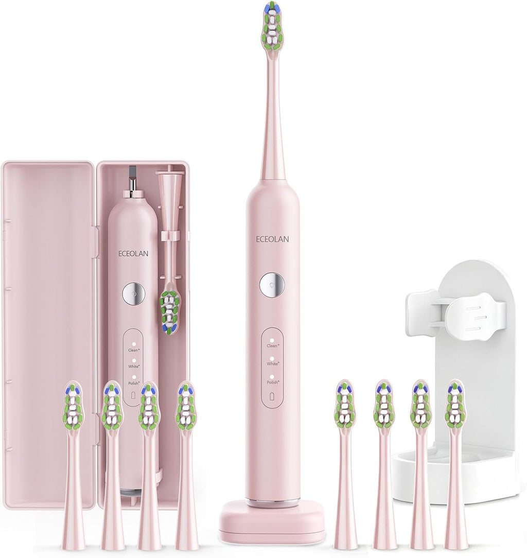 Sonic Electric Power Toothbrush for Adults & Kids,3 Deep Clean Modes IPX7 40000VPM Rechargeable Toothbrush with 8 Brush Heads, Travel Case, 2-Min Smart Timer, One Charge Last 60 Days(Pink)