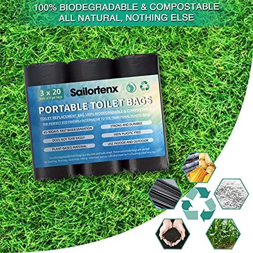 60 Count 8 Gallon Biodegradable Compostable Portable Toilet Bags, 100% Plant-Based, No Leaks, Disposable, Perfect for Camping, Hiking, Boating, Hunting