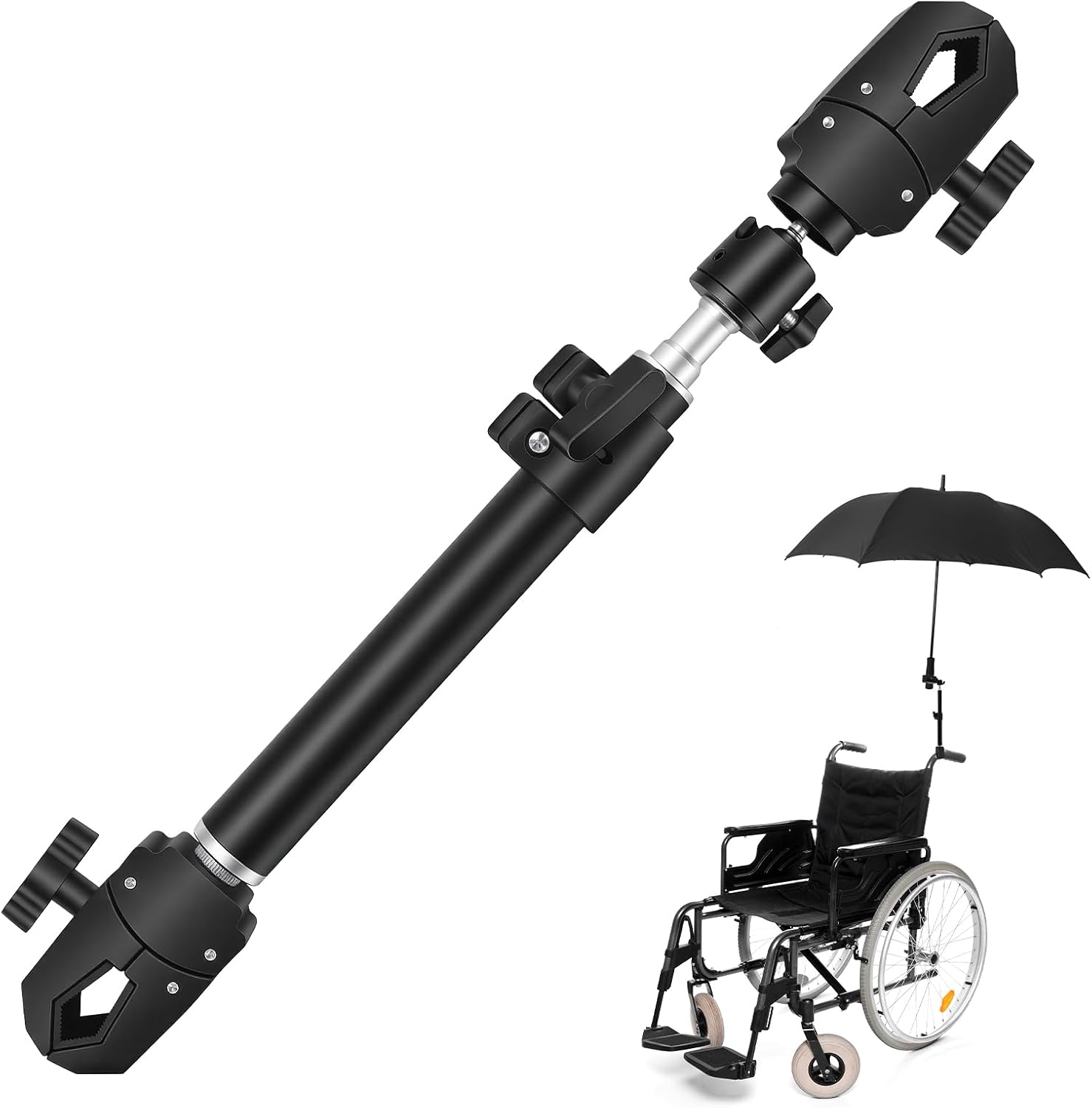 Wheelchair Umbrella Mount Holder, Umbrella Clamp for Wheelchairs, Adjustable Height & Angle, Easy Tool-Free Installation, Outdoor Sun & Rain Protection for Wheelchairs, Strollers（Only Mount）
