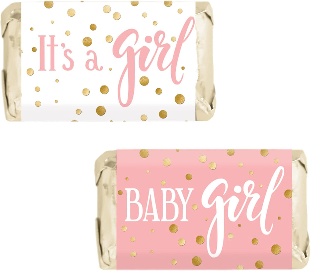 Pink and Gold It's a Girl Baby Shower Wrappers for Mini Chocolate Bars, Baby Shower Party Favor Candy Stickers - 42 Count