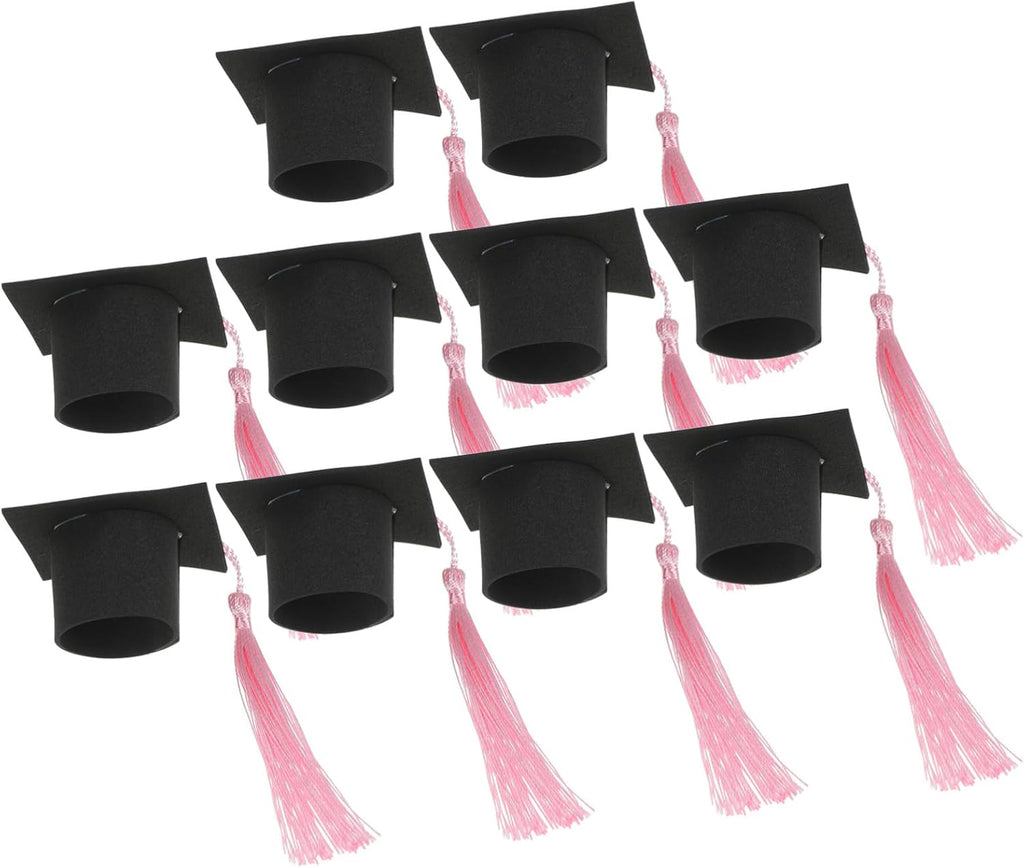 Cabilock 10pcs Mini Graduation Cap for Cake - Paper Grad Cap Cupcake Topper with Tassel Ornament, Graduation Congrats Party Supplies (Pink)