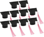 Cabilock 10pcs Mini Graduation Cap for Cake - Paper Grad Cap Cupcake Topper with Tassel Ornament, Graduation Congrats Party Supplies (Pink)
