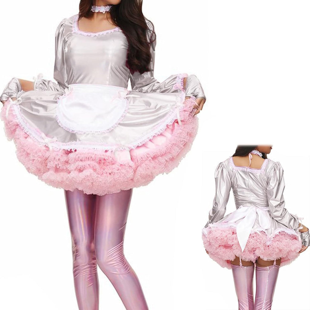 Dress Fancy Apron Maid Dress Laser Long Sleeve Shiny Costume Gloves and Neckwear,Laser Sliver,M