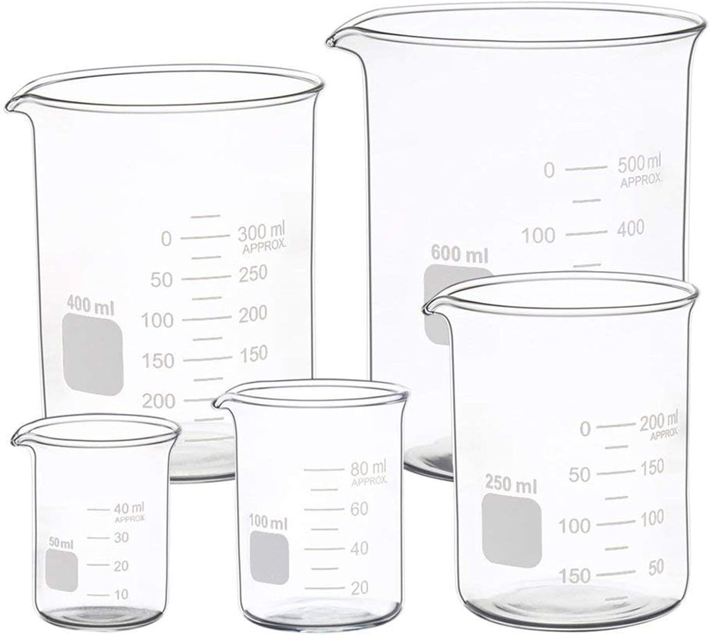 Graduated Glass Measuring Low Form Beaker Set (50ml+100ml+250ml+400ml+600ml)