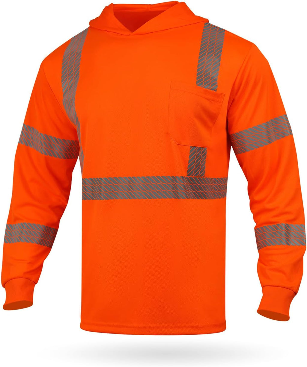 GLIMMR Hi Vis Hoodie Safety Reflective High Visibility Long Sleeve T Shirts with Hood for Men Class 3 Construction Workwear