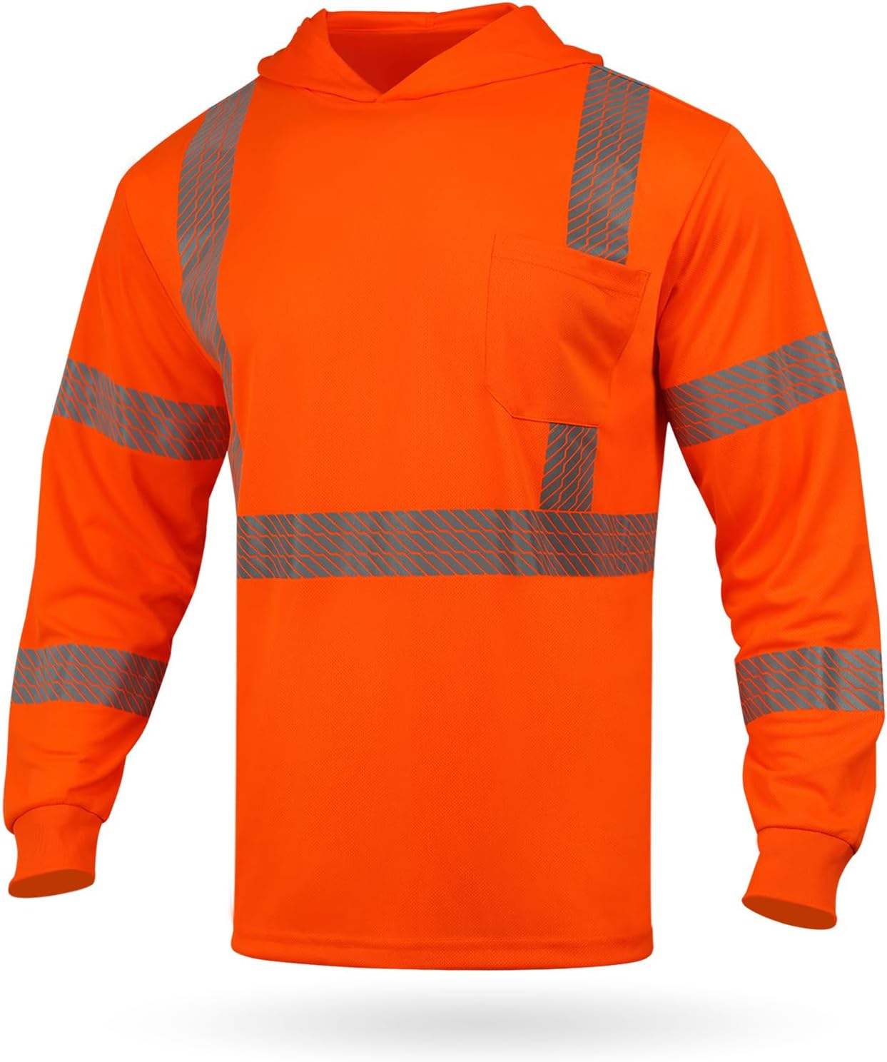 GLIMMR Hi Vis Hoodie Safety Reflective High Visibility Long Sleeve T Shirts with Hood for Men Class 3 Construction Workwear