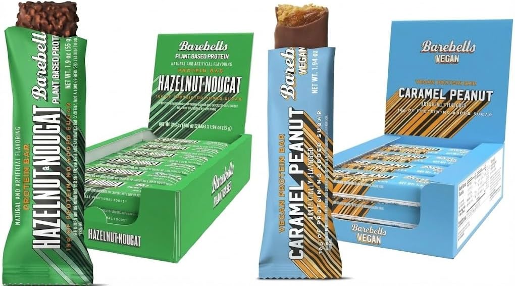 Barebells Vegan Protein Bars Hazelnut-Nougat & Peanut Caramel - 24 count, 15g of Plant-Based High Protein Treats - Chocolate Nutrition Bar with 1g Total Sugar - On The Go Breakfast or Post-Workout