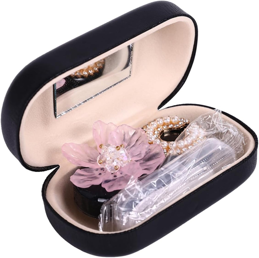 Cute Contact Lens Case, Flower Design Pearl Inlay Glasses Case Travel Kit (Black)