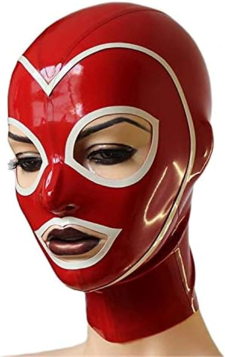 Red Latex Hood with White Brim Back Zipper Open Eyes Rubber Mask Club Party Wear Costume,Medium