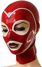 Red Latex Hood with White Brim Back Zipper Open Eyes Rubber Mask Club Party Wear Costume,Medium