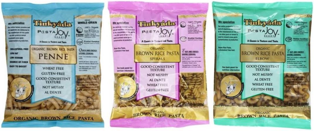 Tinkyada Organic Gluten-Free Brown Rice Pasta 3 Shape Variety Bundle, Elbow, Spirals, Penne Pasta, 12 Ounce (Pack of 3)