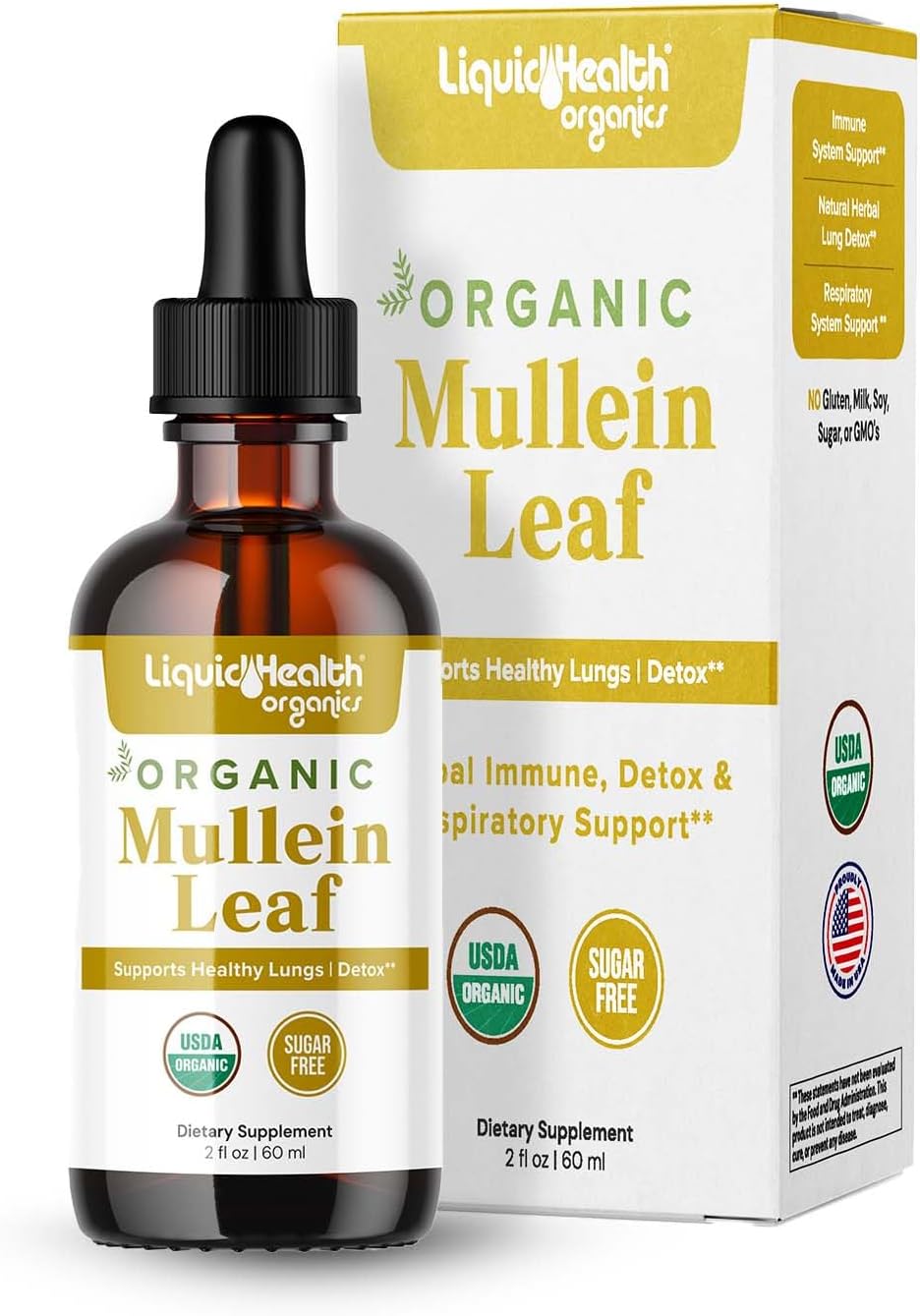 LIQUIDHEALTH USDA Organic Mullein Leaf Extract Drops for Lungs - Herbal Cleansing Drops for Smokers, Immune Support, Respiratory Health - 1000mg, 60-Day Supply, Sugar-Free, Made in USA (2 fl oz)