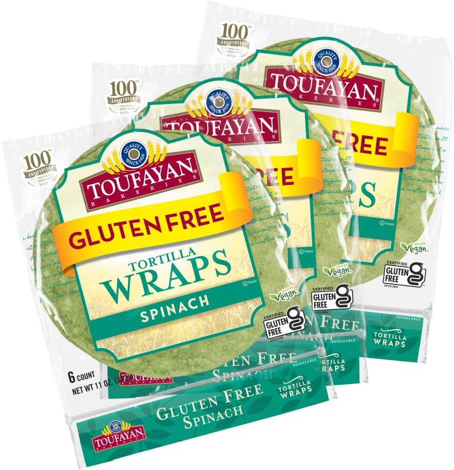 Toufayan Gluten Free Wraps, Spinach – 3 Packs (18 Total), Soft 9″ Tortilla-Style Wraps, Vegan, Kosher, Freeze for Freshness