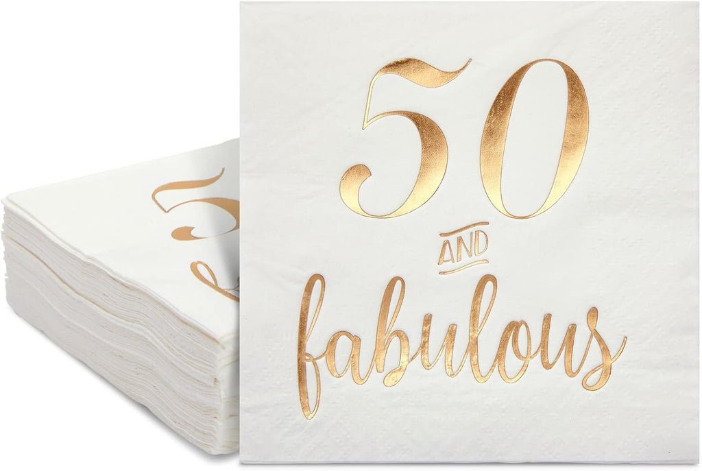 BLUE PANDA 50th Birthday Napkins for Women - Gold Foil & Fabulous Design - Absorbent 3-Ply Cocktail Napkins for 50th Birthday Decorations - 5 x 5 in, Pack of 50, White