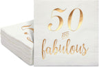BLUE PANDA 50th Birthday Napkins for Women - Gold Foil & Fabulous Design - Absorbent 3-Ply Cocktail Napkins for 50th Birthday Decorations - 5 x 5 in, Pack of 50, White