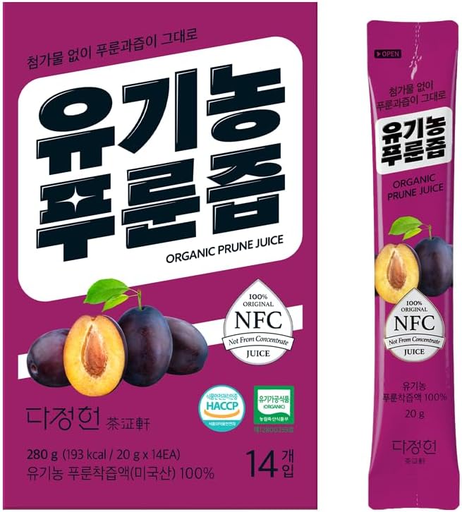 Organic Prune Juice, 100% Pure NFC Juice, 280g (9.87oz), 20g x 14pcs (Single-Serve Stick Packets), Dajeongheon 다정헌 유기농푸룬즙