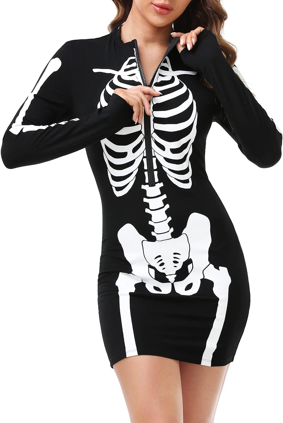 HDE Women's Skeleton Dress Spooky Long Sleeve Bones Mini Dress Halloween Party Costume Fitted Stretchy Bodycon with Half Zip