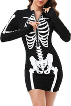 HDE Women's Skeleton Dress Spooky Long Sleeve Bones Mini Dress Halloween Party Costume Fitted Stretchy Bodycon with Half Zip