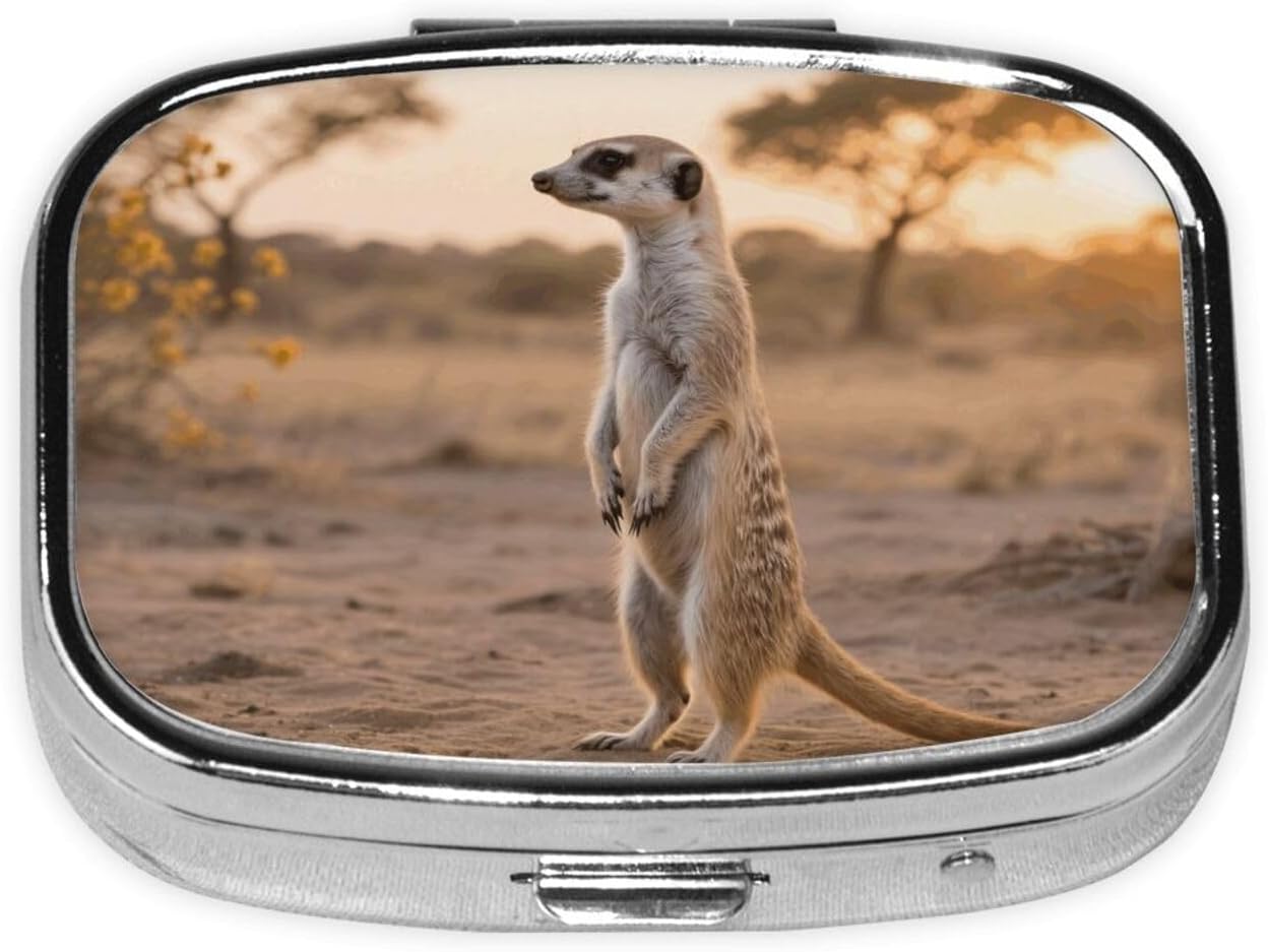 Square Round Pill Case Meerkat Animal Pill Box Daily 2 Compartment Travel Pill Container for Pocket Purse Portable Medicine Cod Liver Oil Storage Box 2 Times a Day Pill Organizer