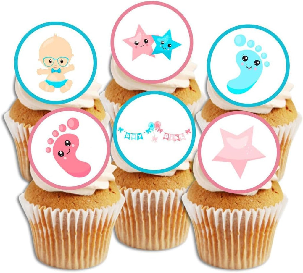 24 Boy/Girl Theme Gender Reveal, Baby Shower Edible Cupcake Toppers - Stand Up Discs Wafer Cake Decorations, 24 x 4cm / 1.5 Inch Wafer Card Discs UNCUT