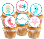 24 Boy/Girl Theme Gender Reveal, Baby Shower Edible Cupcake Toppers - Stand Up Discs Wafer Cake Decorations, 24 x 4cm / 1.5 Inch Wafer Card Discs UNCUT