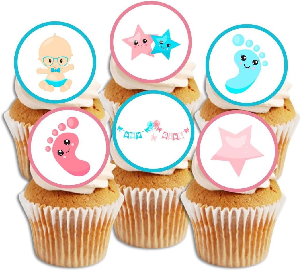 24 Boy/Girl Theme Gender Reveal, Baby Shower Edible Cupcake Toppers - Stand Up Discs Wafer Cake Decorations, 24 x 4cm / 1.5 Inch Wafer Card Discs UNCUT