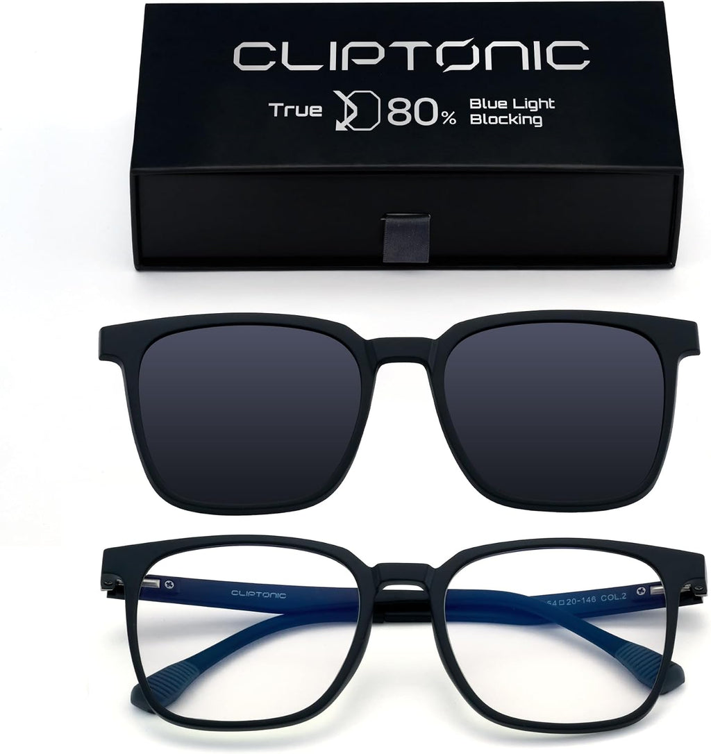 Blue Light Glasses with Magnetic Clip-On Sunglasses, Polarized UV400, Lightweight TR90 Frame