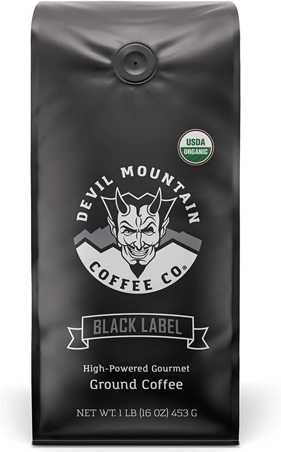 Devil Mountain Coffee Black Label Dark Roast Ground Coffee, Strong High Caffeine Coffee Grounds, USDA Organic, Fair Trade, Gourmet Artisan Roasted, Strongest Coffee in the World, 16 oz Bag