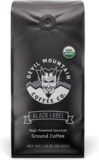 Devil Mountain Coffee Black Label Dark Roast Ground Coffee, Strong High Caffeine Coffee Grounds, USDA Organic, Fair Trade, Gourmet Artisan Roasted, Strongest Coffee in the World, 16 oz Bag