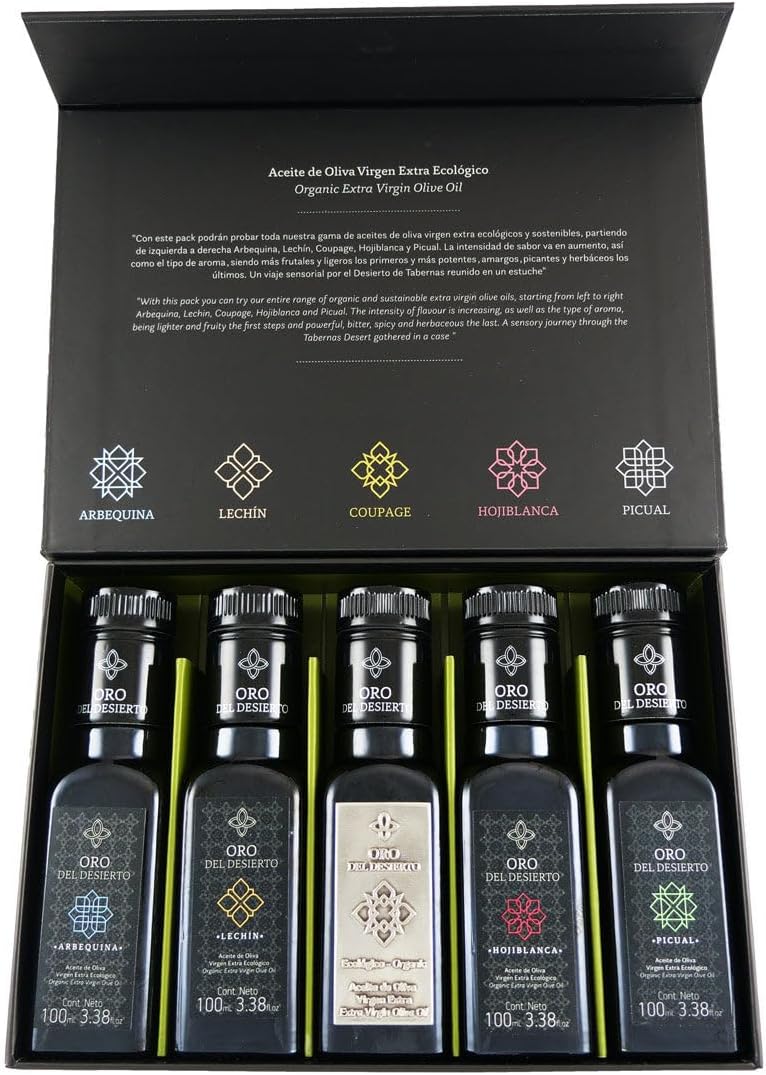 Oro del Desierto Deluxe Set of 2019 Harvest Organic Spanish Extra Virgin Olive Oil - 5 x 0.1 Liter / 5 x 3.4 Ounce Bottles