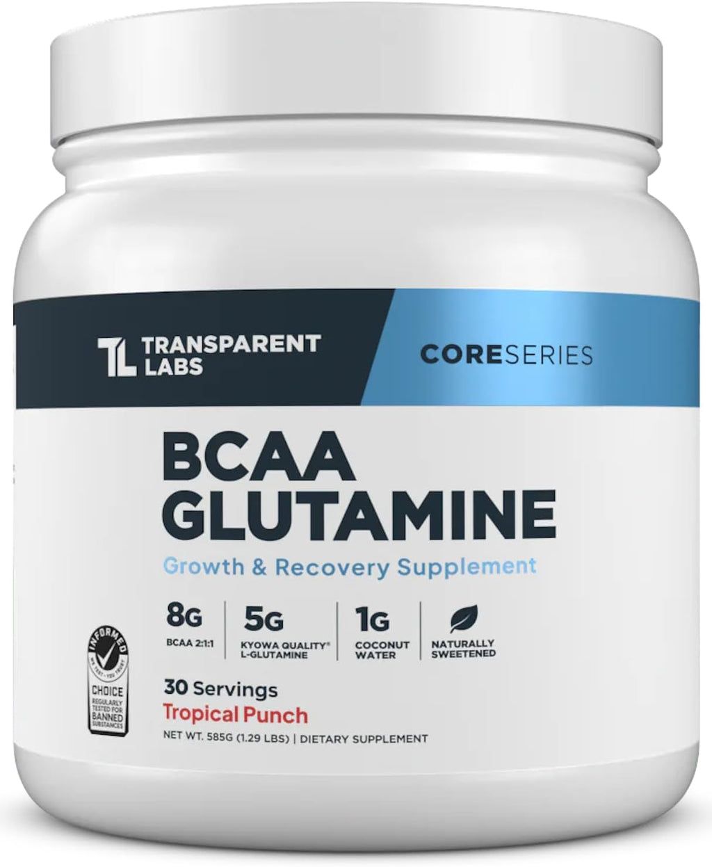 Transparent Labs BCAA Glutamine - 8000 Mg of BCAA Powder with L Glutamine for Post Workout Recovery, Muscle Growth, & Increased Endurance - 30 Servings, Tropical Punch
