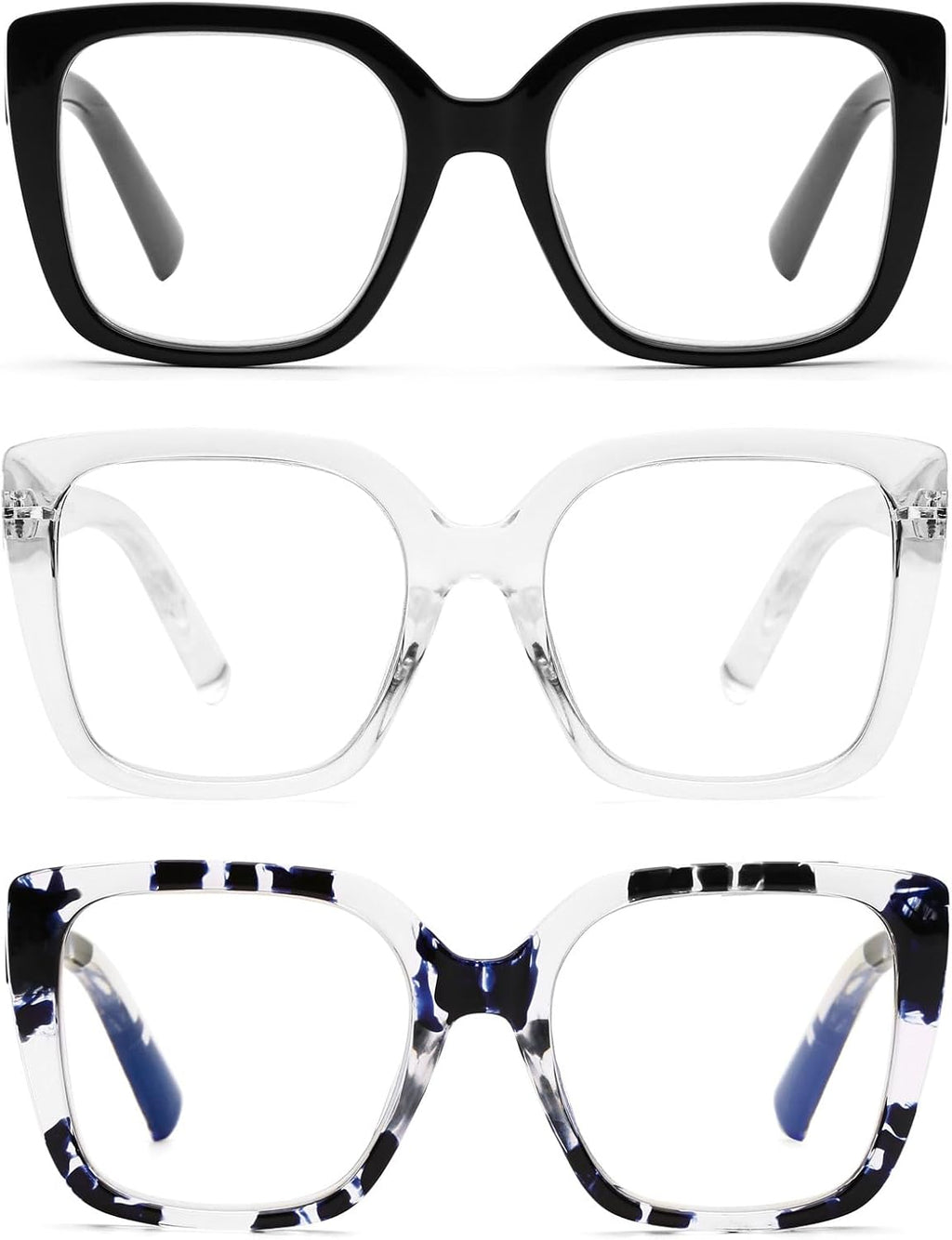 DOOViC 3 Pack Oversized Reading Glasses for Women Blue Light Blocking Square Stylish Computer Readers