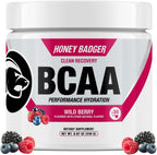 Honey Badger BCAA + EAA Amino Acids Powder, BCAAs + L-Glutamine, Keto, Vegan, Sugar Free for Men & Women, Hydration & Post Workout Muscle Recovery Drink Mix, Wild Berry, 30 Servings