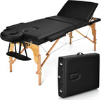 Giantex 84inch Folding Massage Table Lash Bed, Portable 3 Sections Spa Salon Tattoo Bed with Face Cradle Armrests Wooden Legs, Professional Massage Bed Height Adjustable with Carry Case (Black)