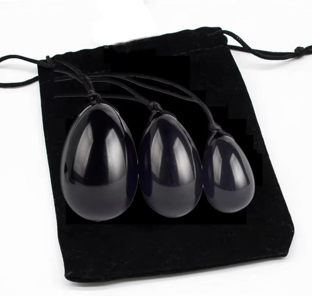 Obsidian & Jade Crystal Wellness Set - Natural Stone Pelvic Exercise Eggs for Women, Drilled 2-Piece with Storage Pouch