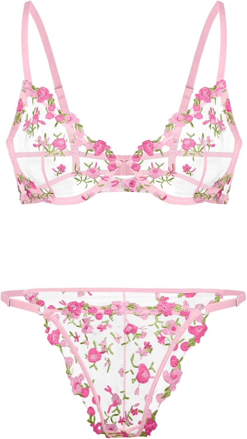 Lilosy Sexy Floral Embroidered Mesh Sheer Underwire Lingerie Set