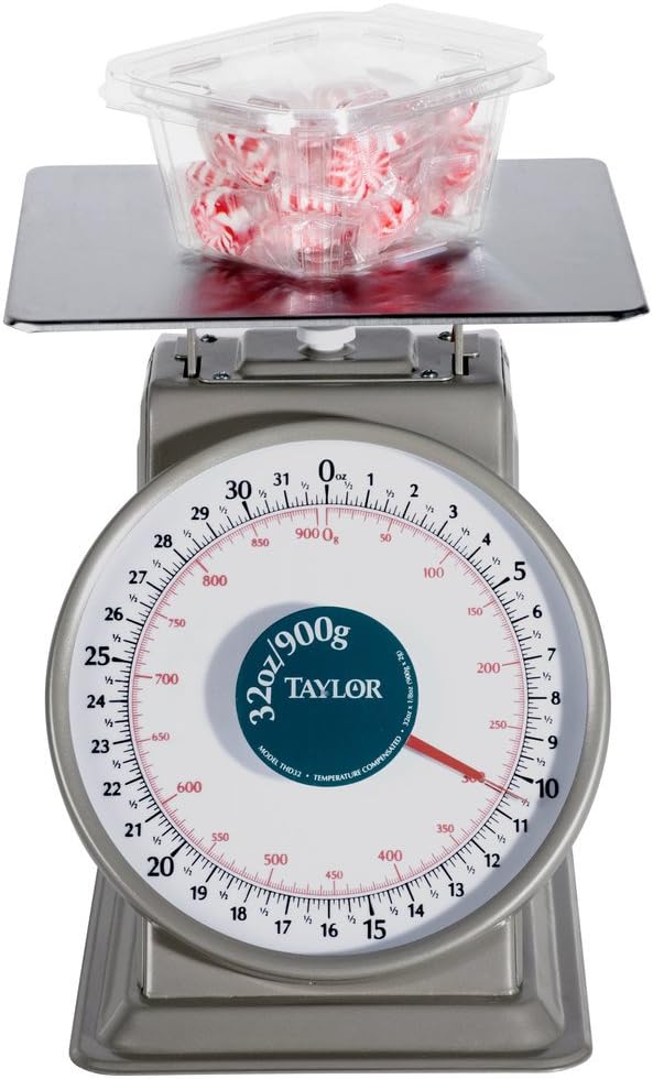 Taylor Precision THD32D Mechanical Scale, Analog, dial Type, 32 oz. x 1/8 oz./900 g x 2 g Capacity, Heavy Duty, top Loading Counter Model, Fixed dial, sloped face, 9" x 9" Stainless Steel Platform