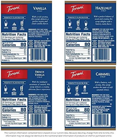 Torani Variety Pack Caramel, French Vanilla, Vanilla & Hazelnut, 25.4 Ounces (Pack of 4)