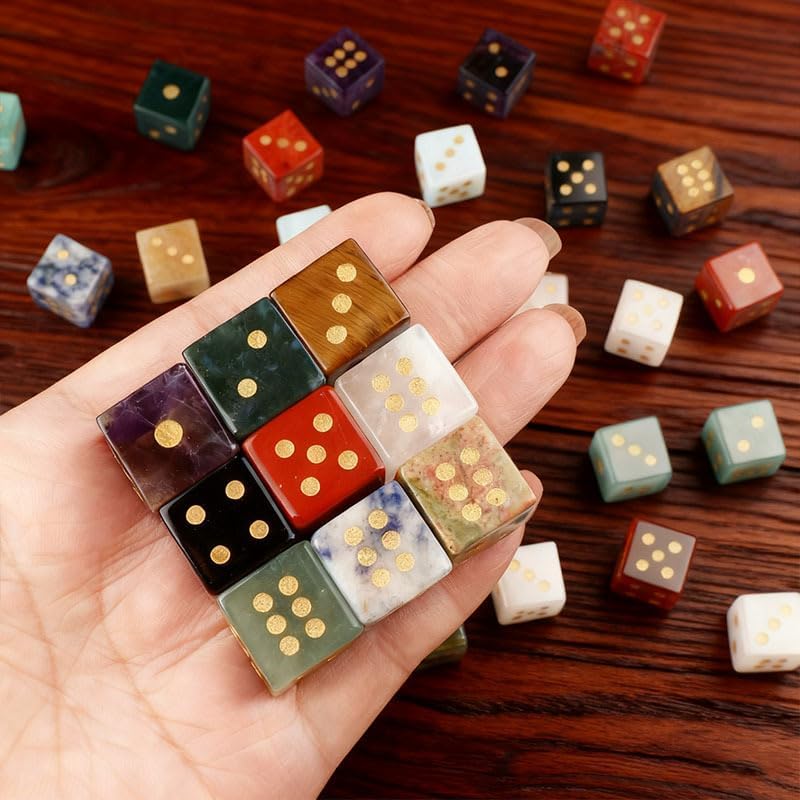 Set of 6 Pieces Natural Crystal Stone Dice 16mm/0.6", 6 Sided Clear Quartz Amethyst Green Aventurine Tigers Eye Rose Quartz Jasper Dice for Decoration, Collection, Board Game, Crystal Gift