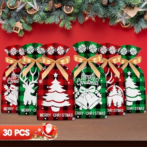 30 Pcs Christmas Treat Bags - Merry Christma Drawstring Gift Bags, Plastic Red Green Plaid Christmass Goodie Candy Goody Snack Bags Bulk for Cookie Gifts Xmas Holiday Christmas Party Favors Supplies