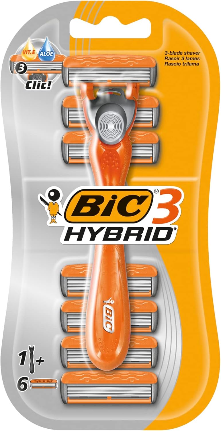 Bic 3 Hybrid Men's Triple-Blade Razors, Pack with 1 Handle + 6 Refills - Lubricating Strip with 3 Blades and Pivoting Head for a Smooth, Precise Shave