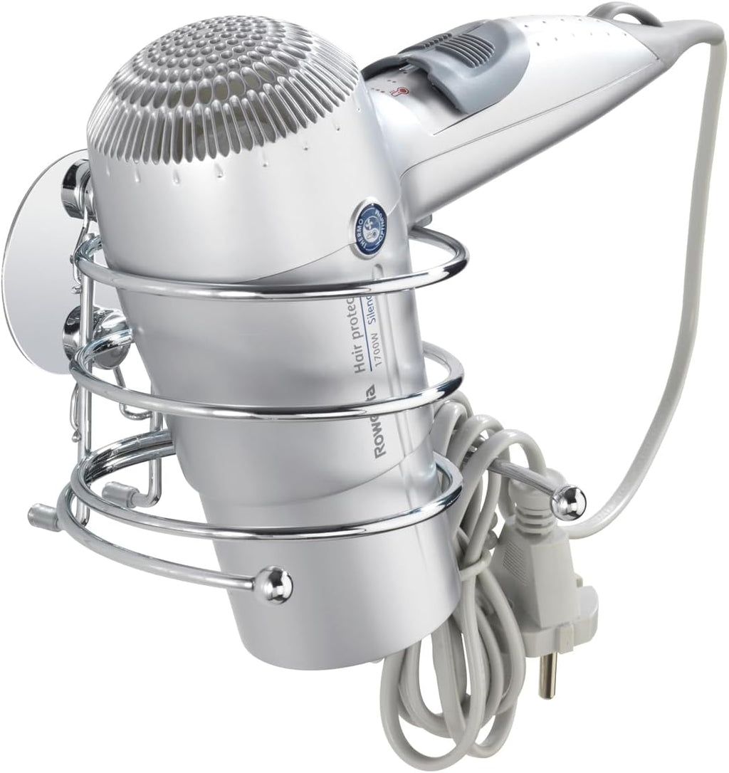WENKO 18770100 Turbo-Loc Hair Dryer Holder - Cable Holder, Fixing Without Drilling, Steel, 14 x 7.5 x 11.5 cm, Chrome