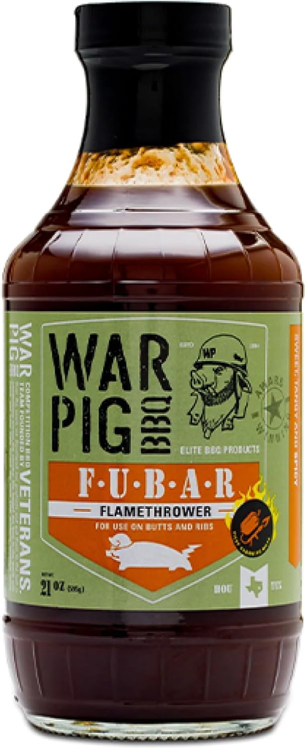 WarPig BBQ FUBAR Flamethrower BBQ Sauce - Spicy Habanero Texas Style Barbecue Sauce for Ribs, Wings, and Pulled Pork - Sweet & Smoky Heat BBQ Sauce - Competition Pitmaster Glaze - 16 oz Bottle