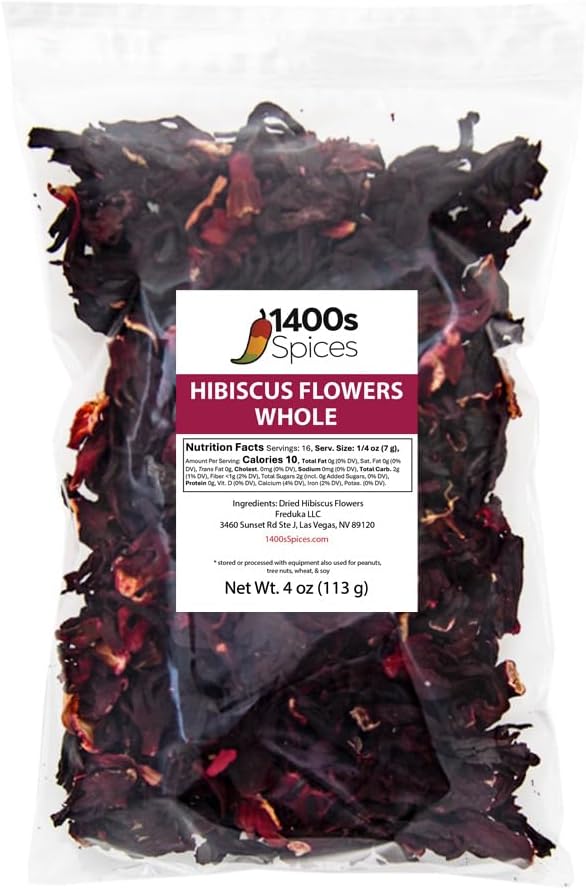 4oz Dried Hibiscus Flowers perfect for Tea and Mexican Agua Fresca, Flor de Jamaica, Sorrel Zobo Whole Flowers and Petals by 1400s Spices