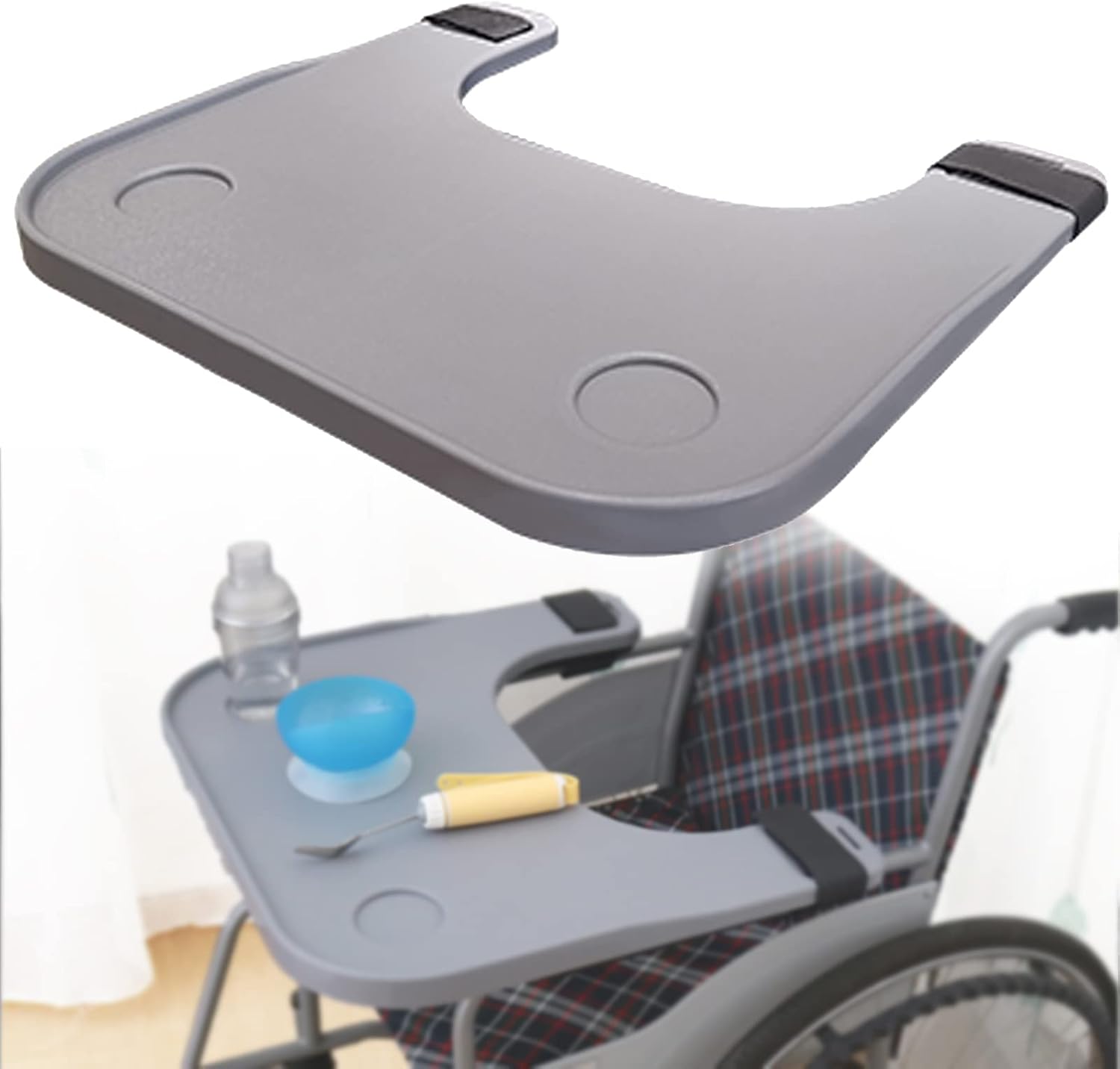 Wheelchair Tray Table Adult Removable Large Dining Board with Double Cup Holder, Portable Wheelchair Lap Tray for Disabled People to Rest, Eat and Read