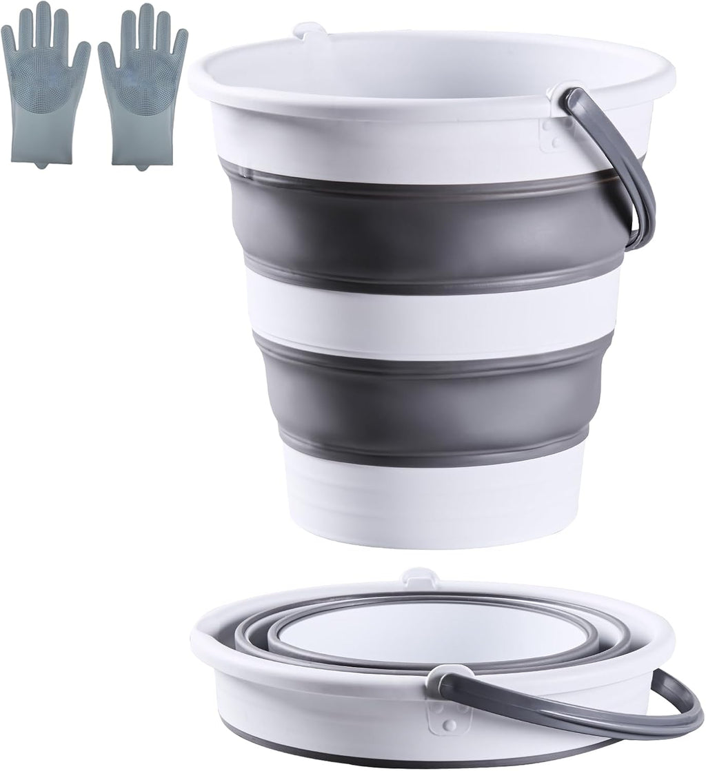 10L /2.6 Gal Large Collapsible Bucket with Handle - Portable Silicone Mop Bucket for Cleaning, Camping, Car Washing - Space-Saving for Outdoor, Fishing, Household – Pair of Silicone Gloves for Free
