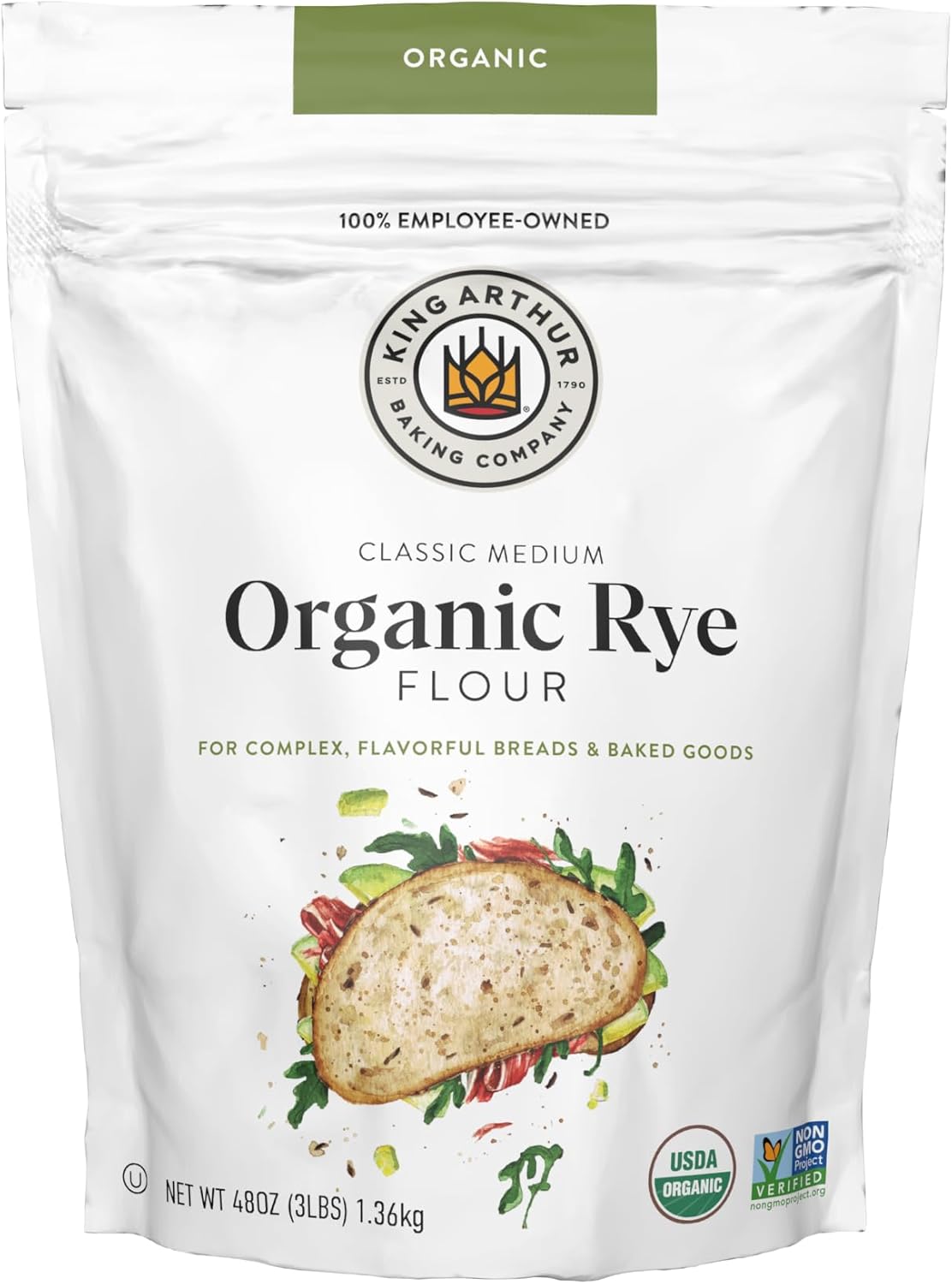 King Arthur Organic Medium Rye Flour - 3 lbs for Complex Flavorful Breads & Baked Goods - 100% US Grown & Milled - Non-GMO Project Verified - Robust Flavor for Rye Bread, Cookies & More