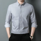 Men's Cotton Vertical Stripe Loose Fit Long Sleeve Shirt Wrinkle-Free Breathable Jacquard Button Down