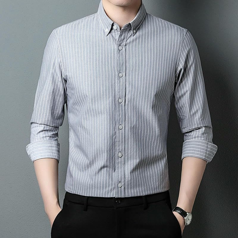 Men's Cotton Vertical Stripe Loose Fit Long Sleeve Shirt Wrinkle-Free Breathable Jacquard Button Down